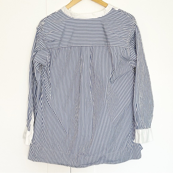 SPANX Poplin Tuxedo Shirt XL Blue White Stripe Long Sleeve High-Low Hem nautical - Picture 7 of 12